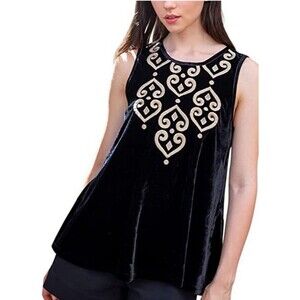 Anthropologie THML Black Velvet Gold Embroidered Tank XS